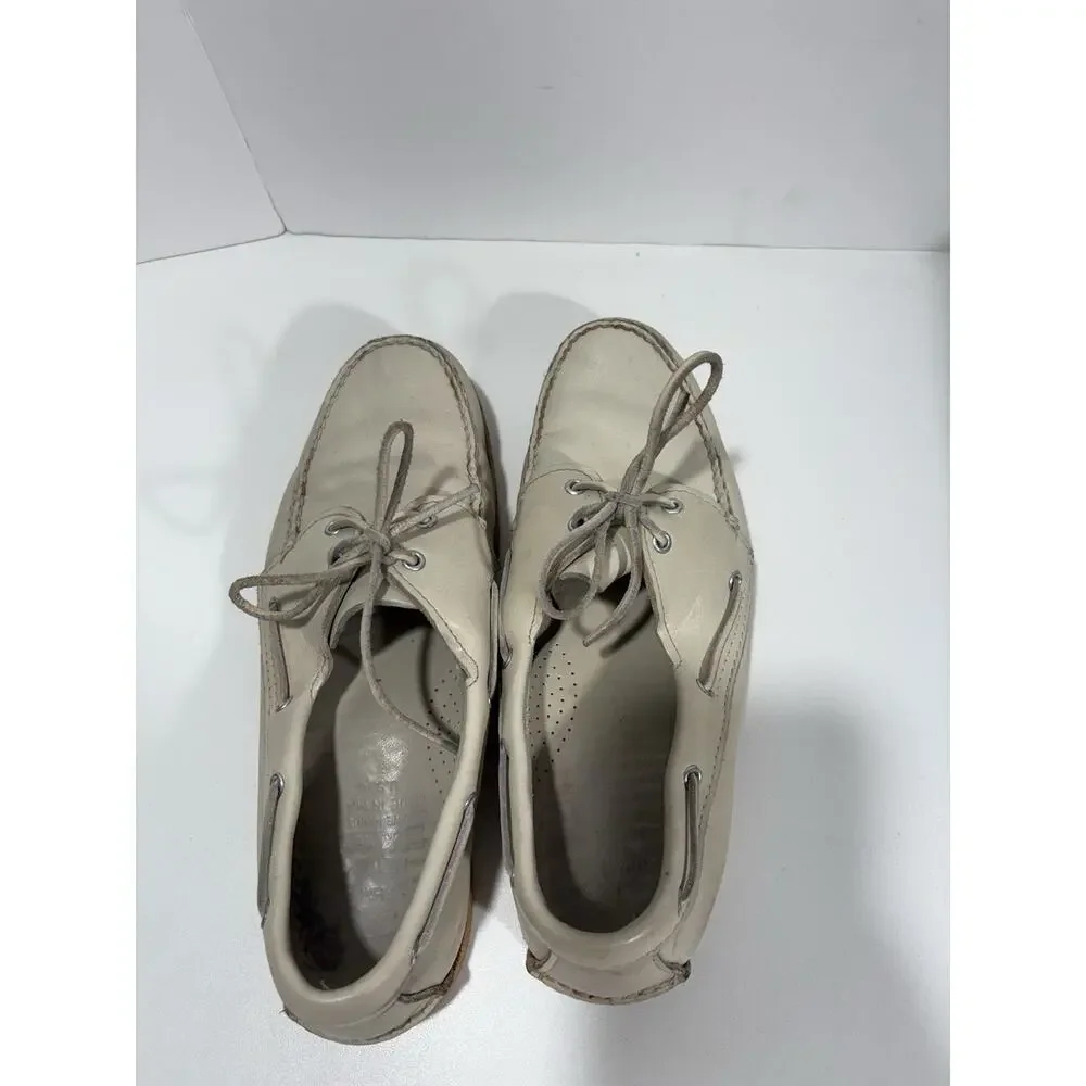 Vintage RHM Dockwear Mens Beige Leather Hand Sewed Shoe Sider‎ Docksider Sz 10.5